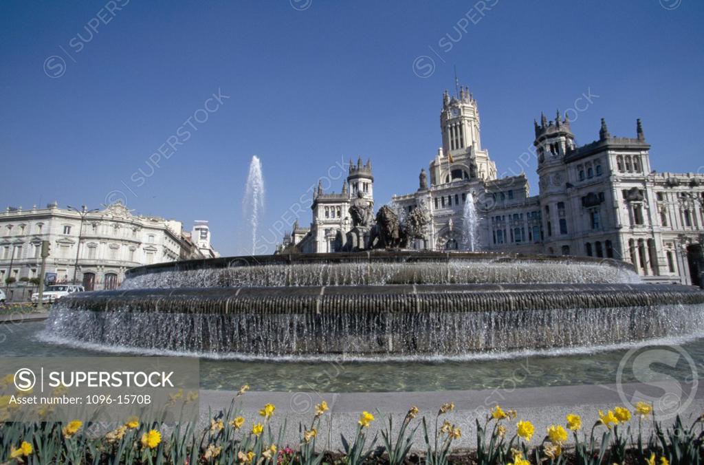 Stock Photo: 1096-1570B Low angle view of a fountain, Cibeles Fountain, Plaza de Cibeles, Madrid, Spain