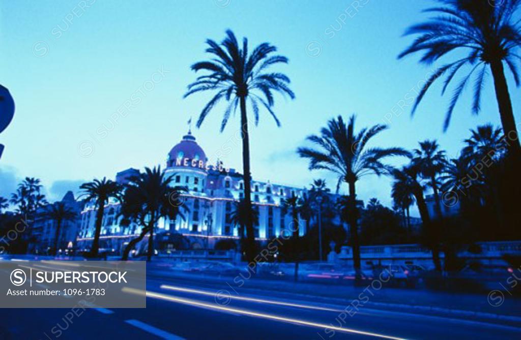 Stock Photo: 1096-1783 Hotel lit up at dusk, Hotel Negresco, Nice, France