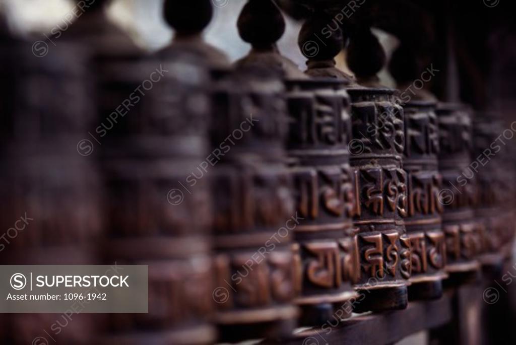 Stock Photo: 1096-1942 Close-up of prayer wheels, Kathmandu, Nepal