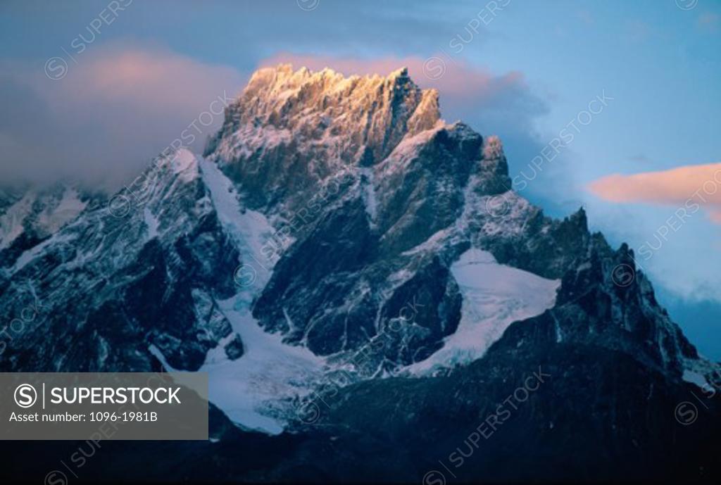 Stock Photo: 1096-1981B Snow covered mountain, Torres del Paine National Park, Chile