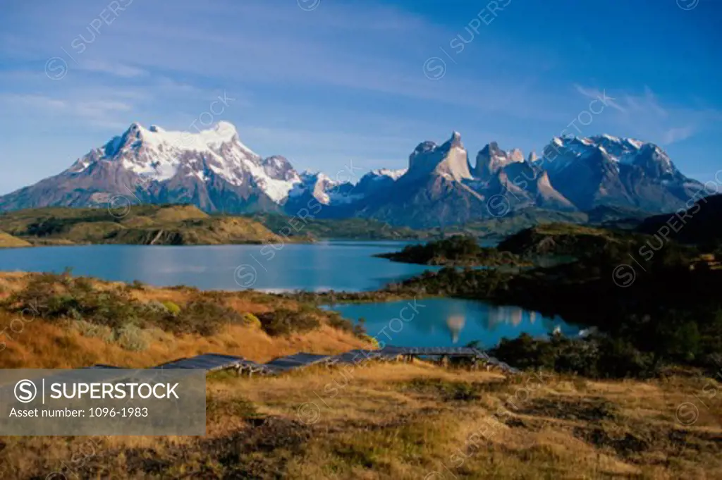 Snow covered mountain, Lake Pehoe, Torres del Paine National Park, Chile