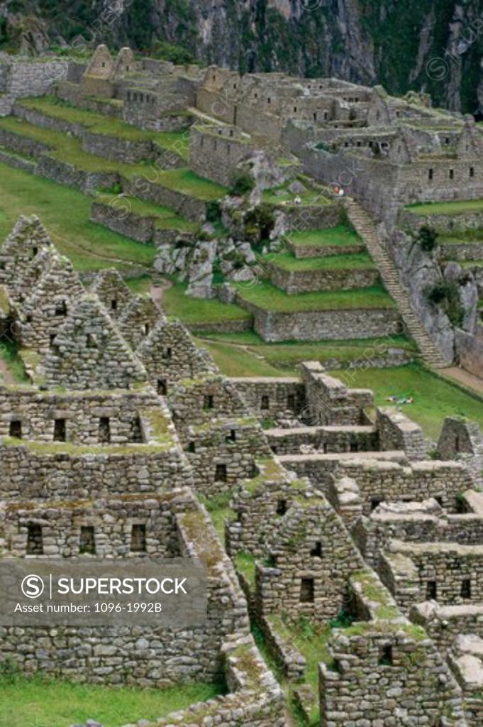 Stock Photo: 1096-1992B High angle view of ancient ruins, Machu Picchu (Incan), Peru