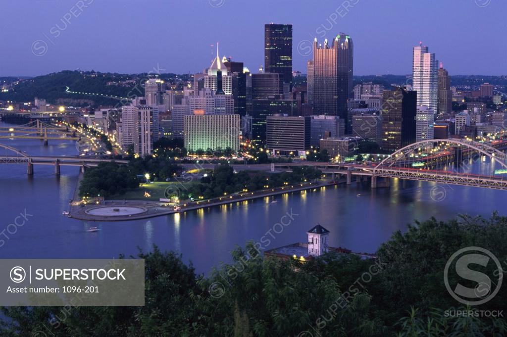 Stock Photo: 1096-201 City skyline at dusk, Pittsburgh, Pennsylvania, USA