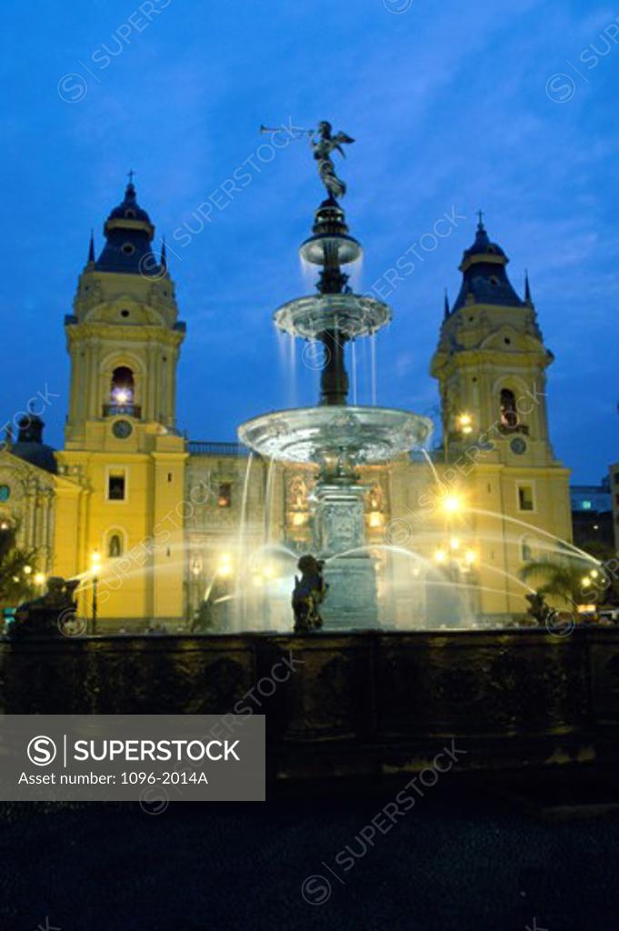 Stock Photo: 1096-2014A Fountain near a cathedral, Plaza de Armas, Lima, Peru