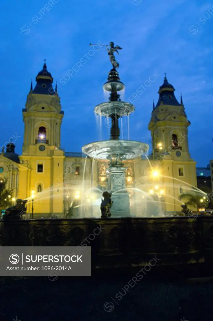 Fountain near a cathedral, Plaza de Armas, Lima, Peru
