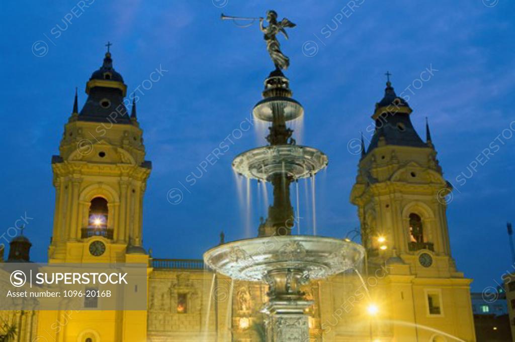 Stock Photo: 1096-2016B Fountain near a cathedral, Plaza de Armas, Lima, Peru