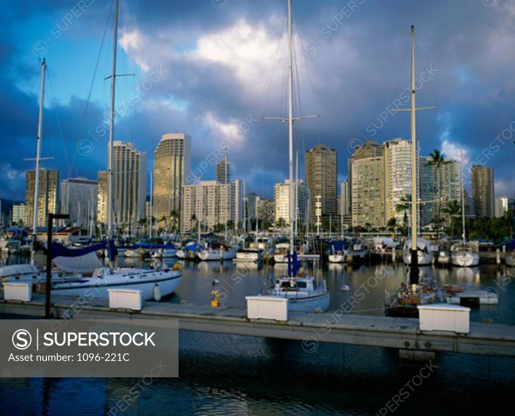 Stock Photo: 1096-221C Sailboats docked in a harbor, Ala Wai Marina, Waikiki Beach, Honolulu, Oahu, Hawaii, USA