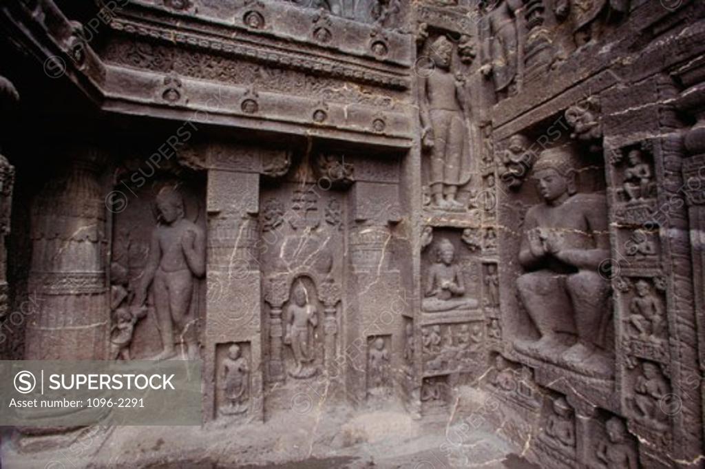 Stock Photo: 1096-2291 Carvings at the Ajanta Caves, Maharashtra, India