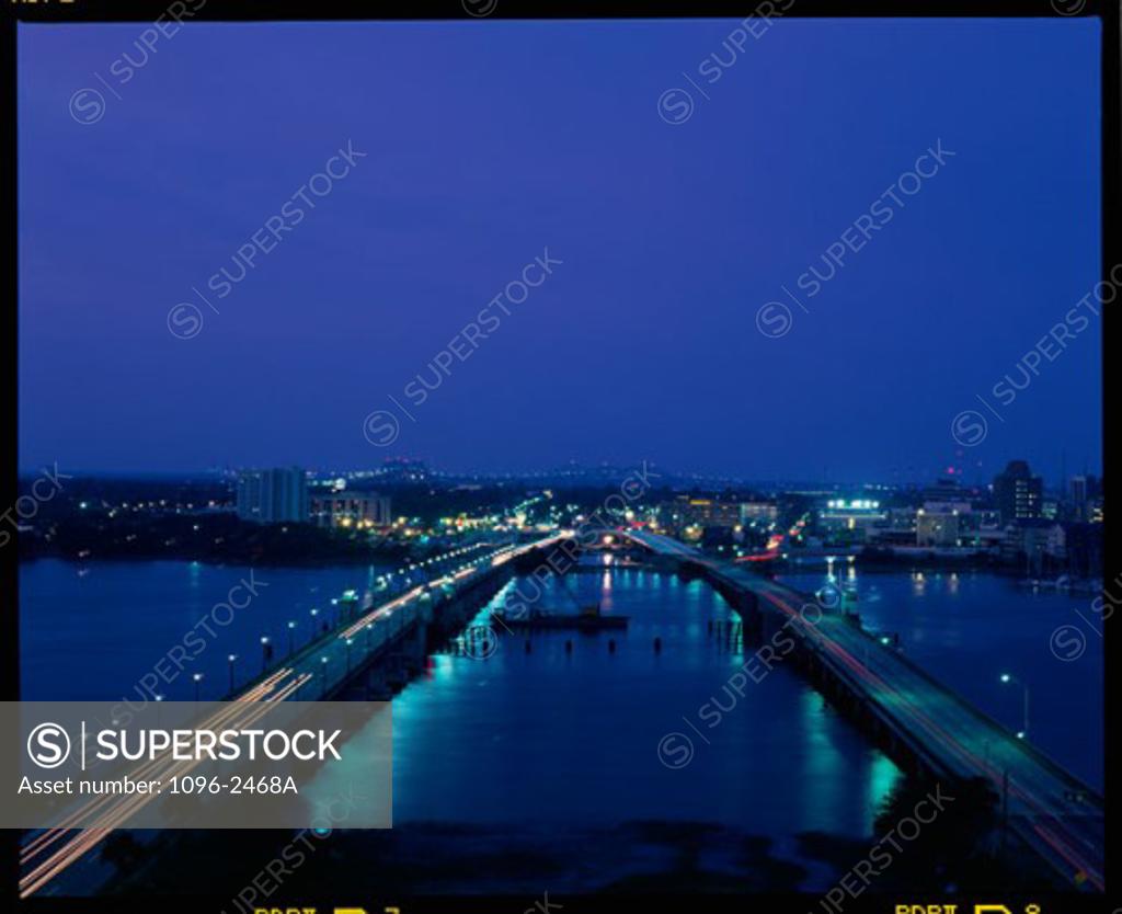 Stock Photo: 1096-2468A Bridge lit up at night, Charleston, South Carolina, USA