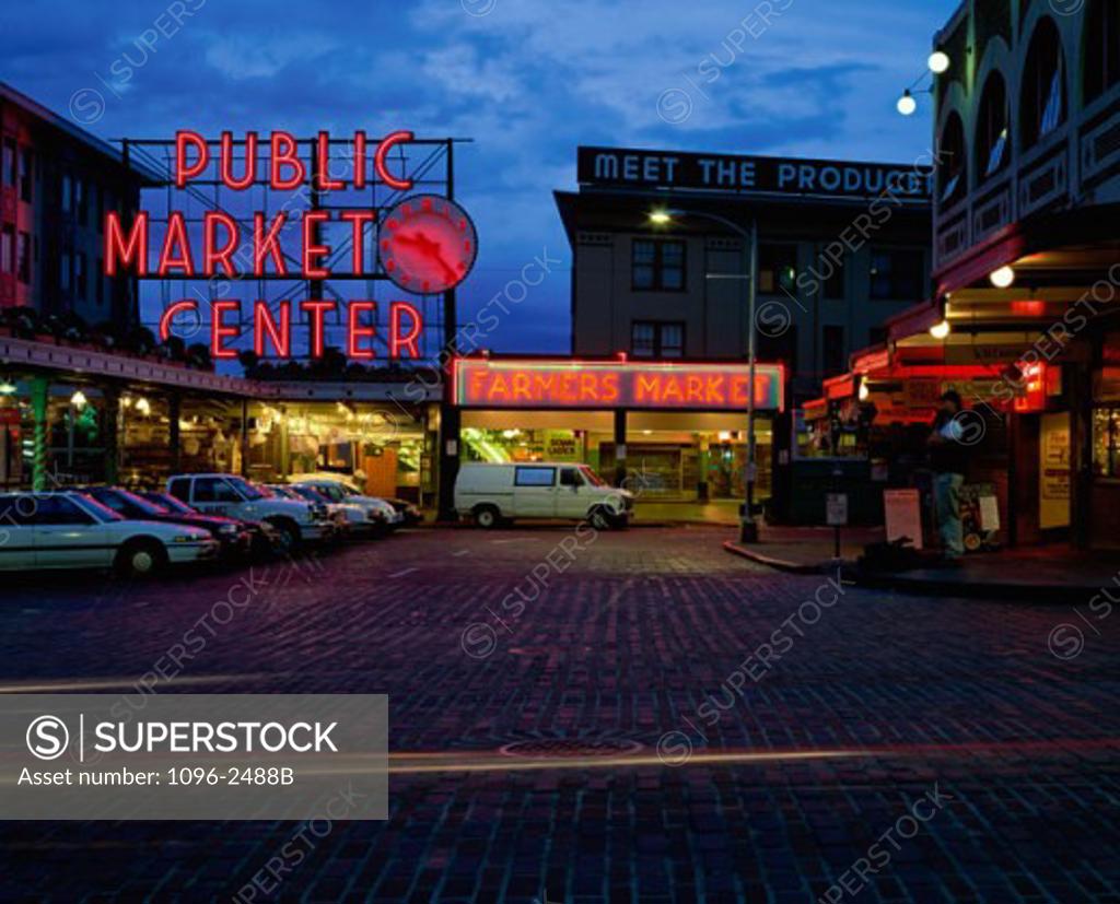 Stock Photo: 1096-2488B Pike Place Market at dusk, Seattle, Washington, USA