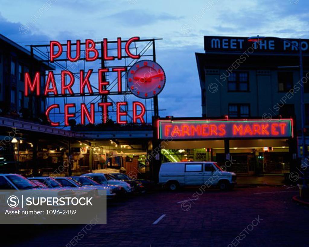 Stock Photo: 1096-2489 Pike Place Market at dusk, Seattle, Washington, USA