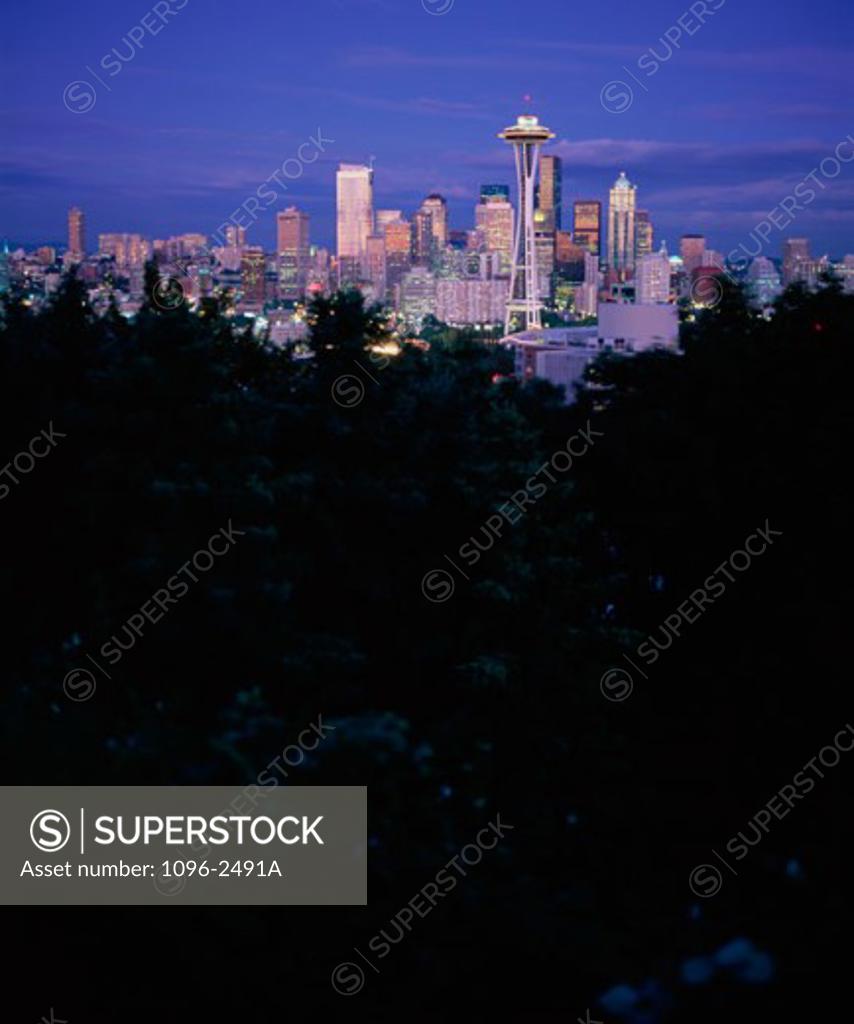 Stock Photo: 1096-2491A Skyline and Space Needle illuminated at dusk, Seattle, Washington, USA