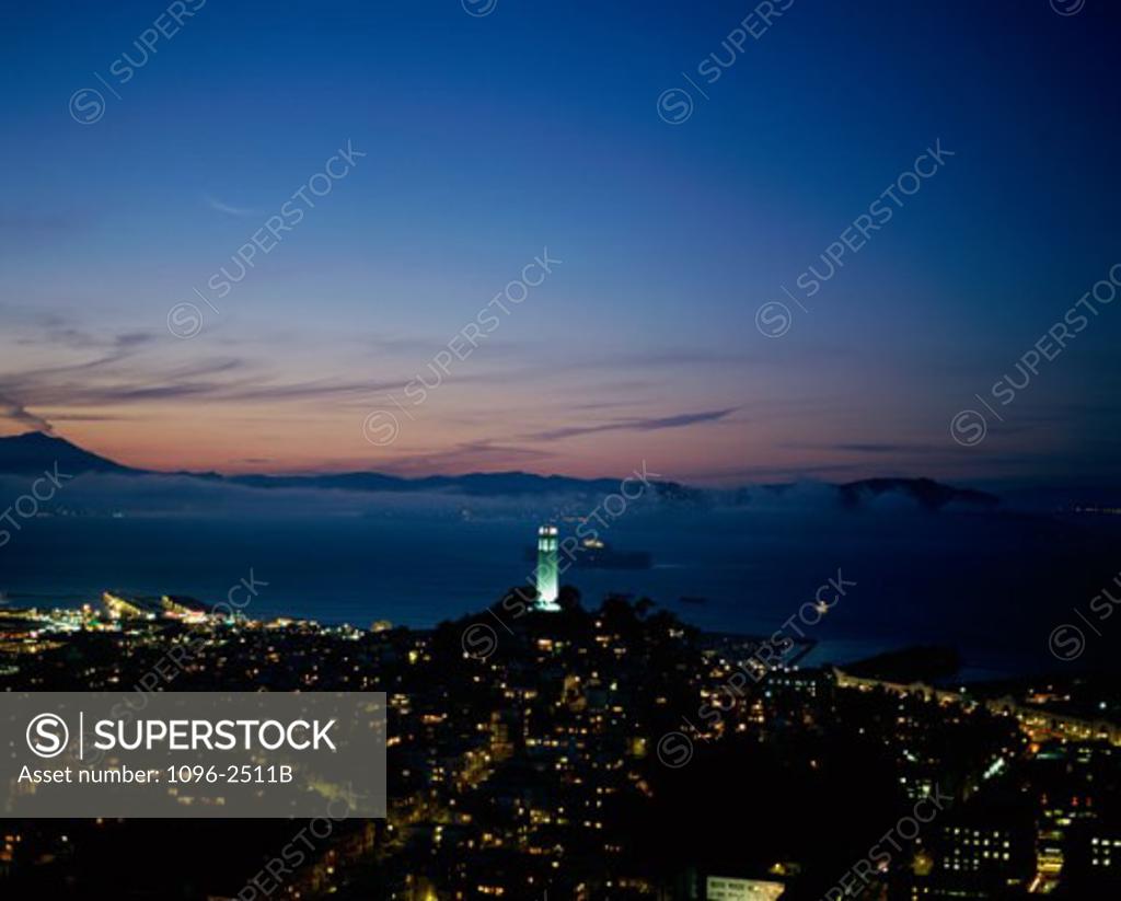 Stock Photo: 1096-2511B Aerial view of San Francisco at night, Coit Tower, San Francisco, California, USA