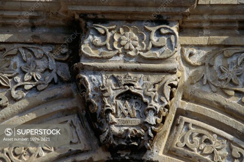 Stock Photo: 1096-2621 Close-up of a carved stone masthead of a building, Alamo, San Antonio, Texas, USA