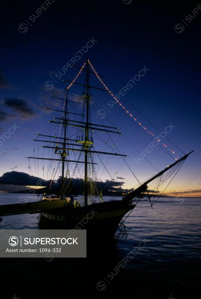 Stock Photo: 1096-332 Silhouette of a tall ship at dusk, Lahaina, Maui, Hawaii, USA