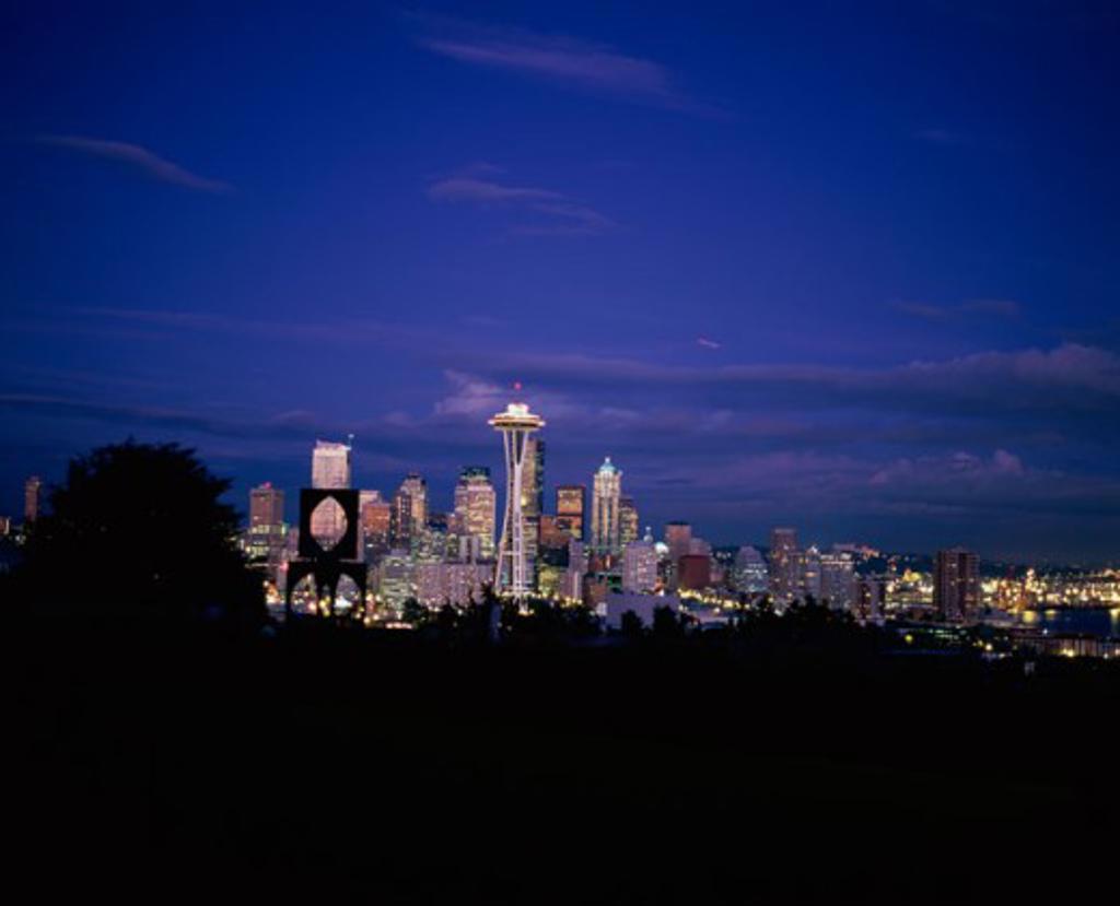 Skyline and Space Needle illuminated at night, Seattle, Washington, USA
