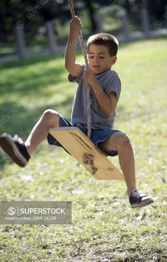Stock Photo: 1099-2832B Boy swinging on a rope swing