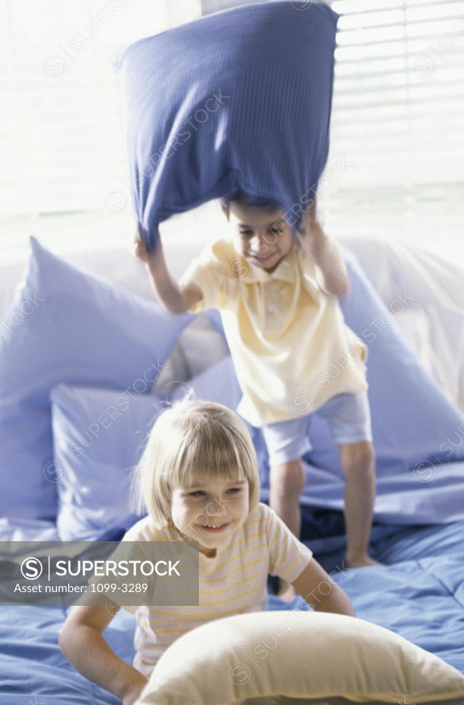 Stock Photo: 1099-3289 Brother and sister having a pillow fight