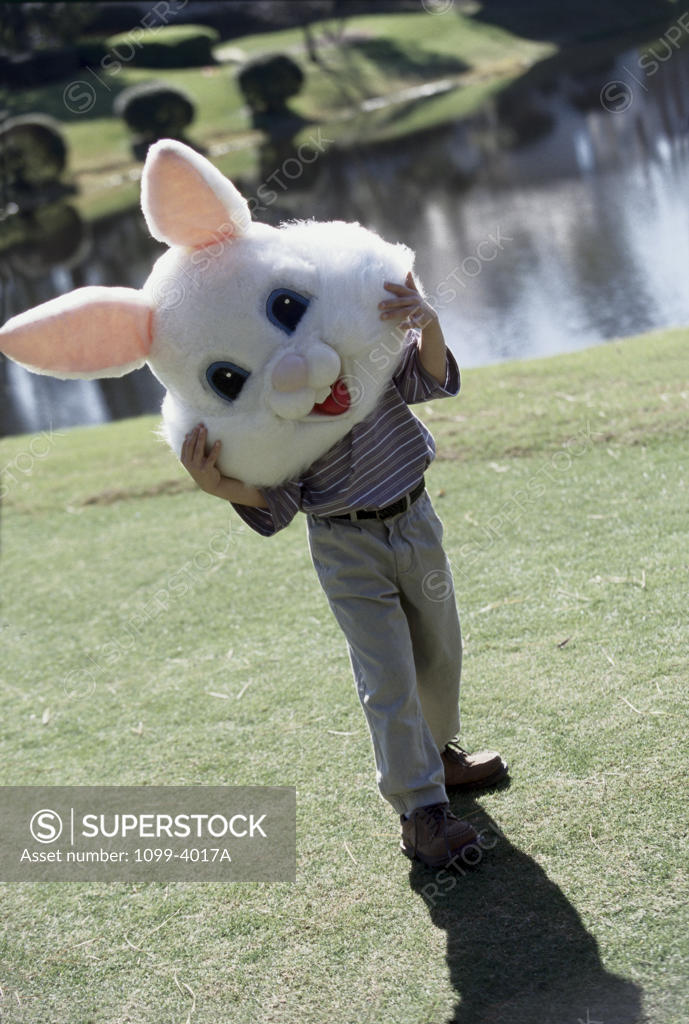 Stock Photo: 1099-4017A Boy holding an Easter Bunny mask in a garden