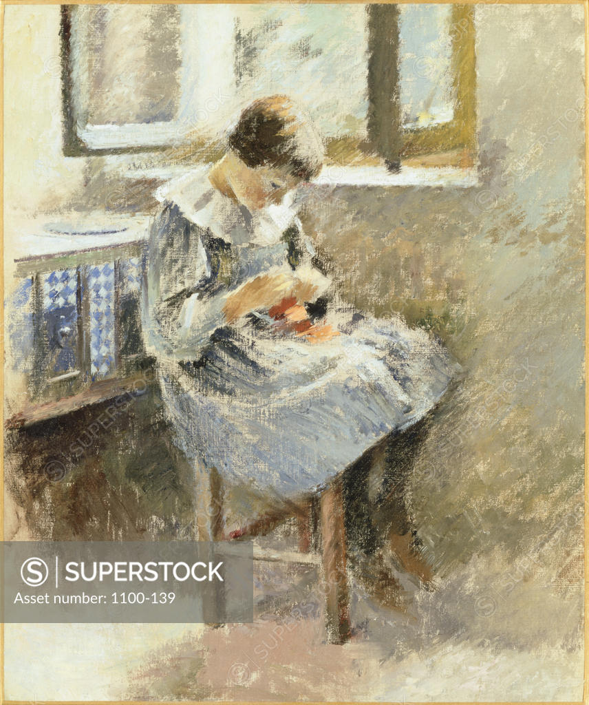 Stock Photo: 1100-139 Girl Sewing C. 1886 Theodore Robinson (1852-1896 American) Oil On Canvas Christie's Images, New York, USA