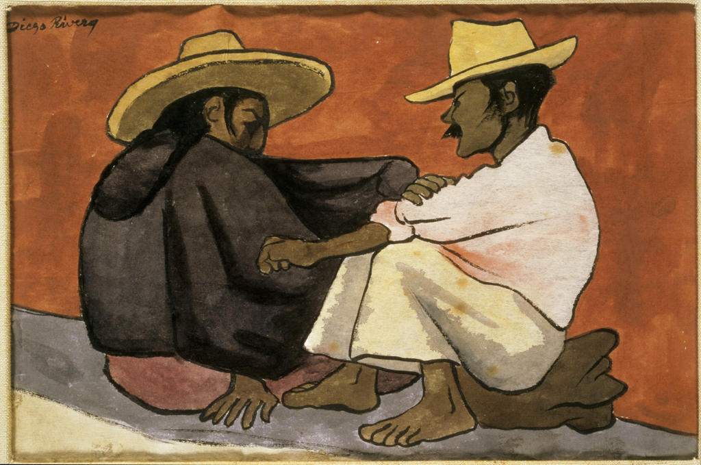 Native Couple  (Pareja Indigena) Diego Rivera (1886-1957/Mexican)   Watercolor on Rice Paper   