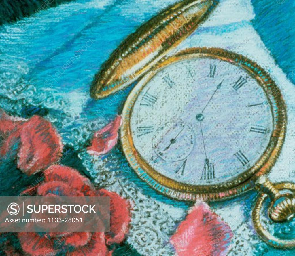 Stock Photo: 1133-26051 Watch & Rose Petals  1986 Patti Mollica (20th C. American) Pastel Private Collection