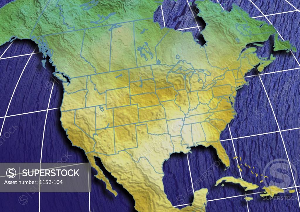 Stock Photo: 1152-104 Close-up of a map of North America