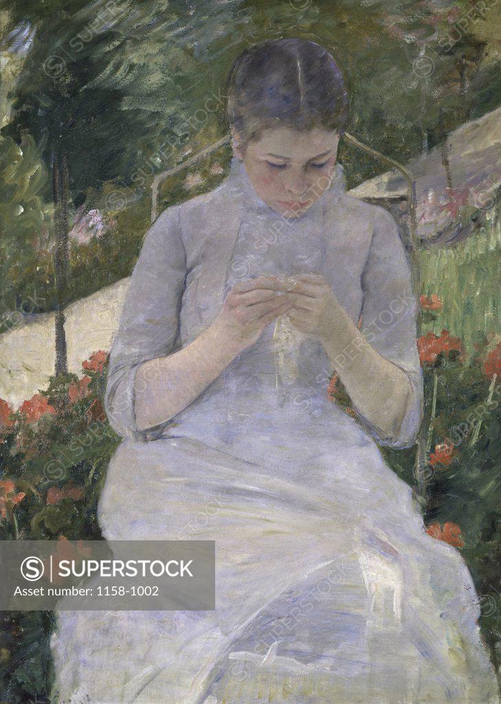 Stock Photo: 1158-1002 Young Woman Sewing in the Garden  c. 1880-82  Mary Cassatt (1845-1926/American)  Oil on canvas  Musee d'Orsay, Paris 