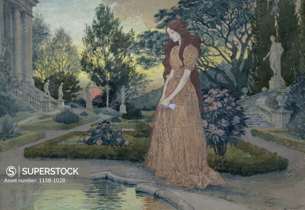 Stock Photo: 1158-1028 Young Lady in a Garden  Eugene Samuel Grasset (1841-1917/French)  Musee des Artes Decoratifs, Paris, France  