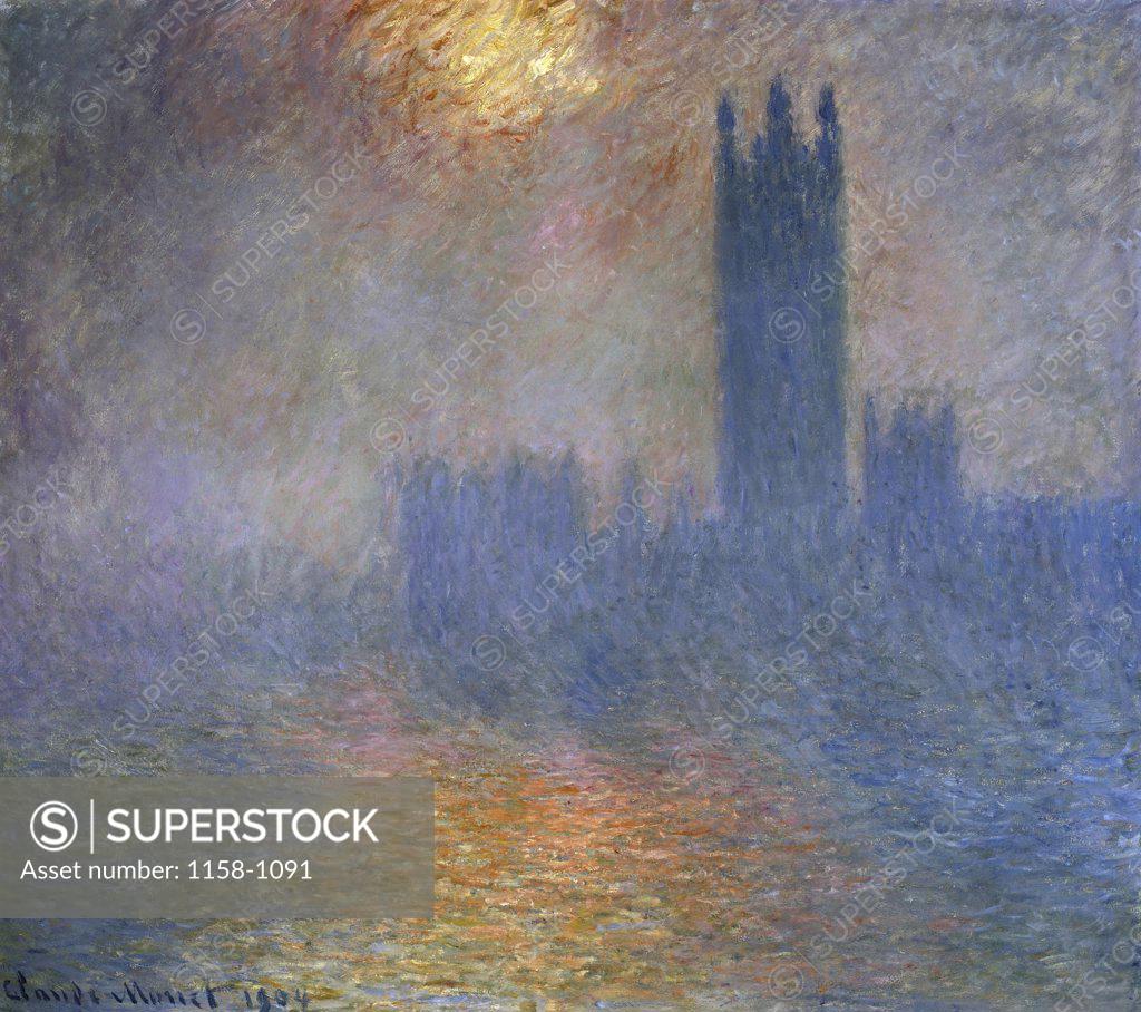 Stock Photo: 1158-1091 London Parliament (Patch of Sun in the Fog)  1904  Claude Monet (1840-1926 French)  Oil on canvas Musee d'Orsay, Paris, France
