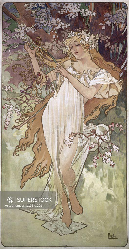 Stock Photo: 1158-1201 Four Seasons- Spring  c. 1896 Alphonse Marie Mucha (1860-1939/Czech) Poster Bibliotheque Forney     