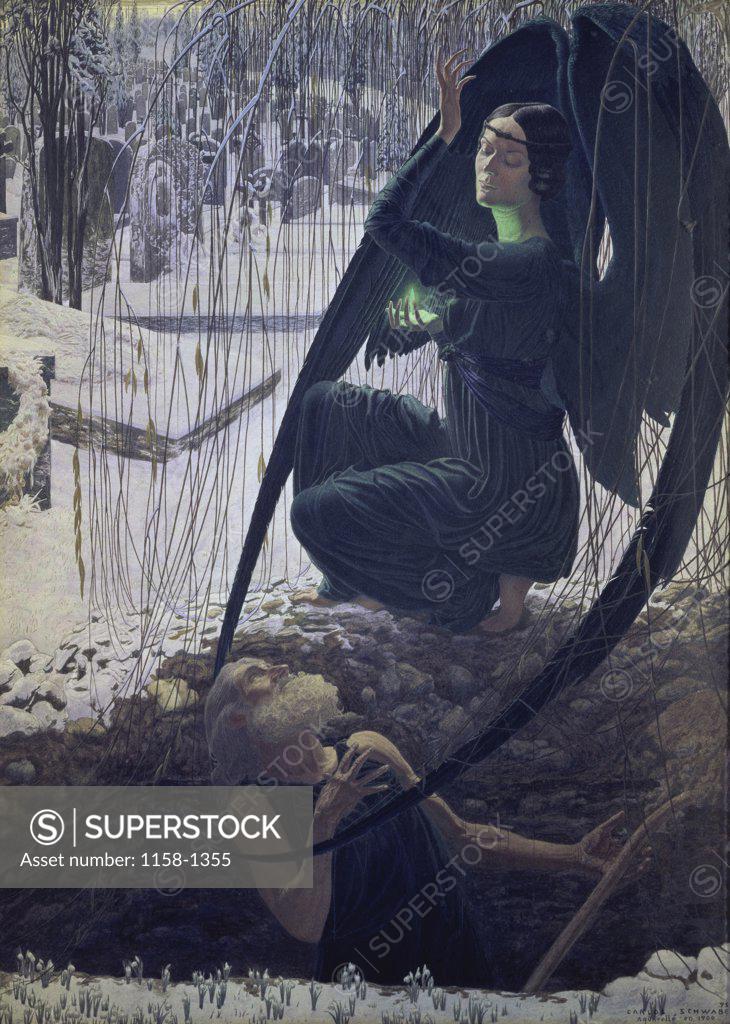 Stock Photo: 1158-1355 The Death of a Grave-Digger or The Angel of Death (La Mort du Fossoyeur) Carlos Schwabe (1866-1926 French) Musee d'Orsay, Paris
