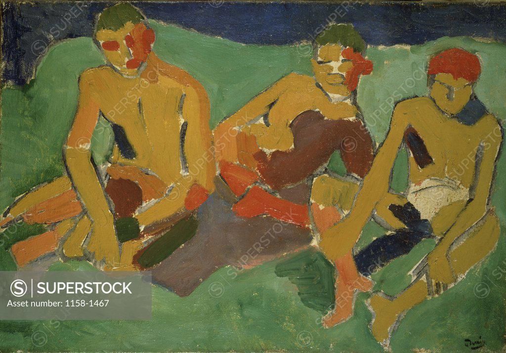 Stock Photo: 1158-1467 Three People Seated on the Grass by Andre Derain, 1880-1954, France, Paris, Musee National d'Art de Moderne
