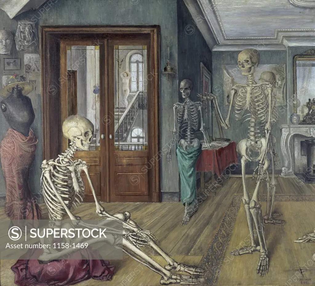 The Tall Skeletons by Paul Delvaux, 1944, Private Collection