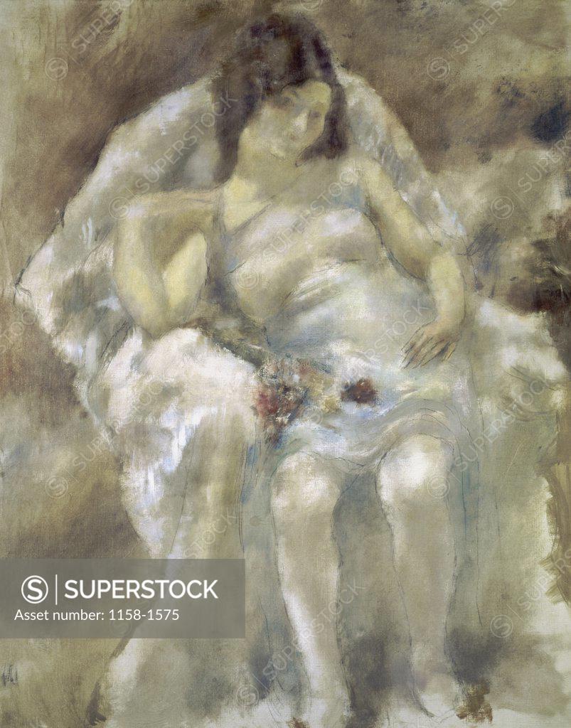 Stock Photo: 1158-1575 YOUNG GIRL SEATED WITH FLOWERS JEUNE FILLE ASSISE AUX FLEURS Pascin, Jules 1885 d1930 French 