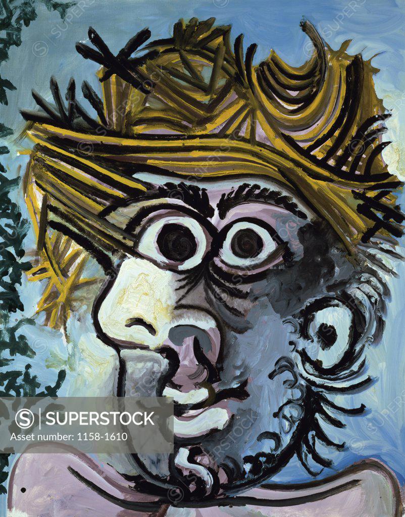 Stock Photo: 1158-1610 Head of a Man with a Straw Hat by Pablo Picasso, 1971, 1881-1973, France, Mougins, Collection Jacqueline Picasso