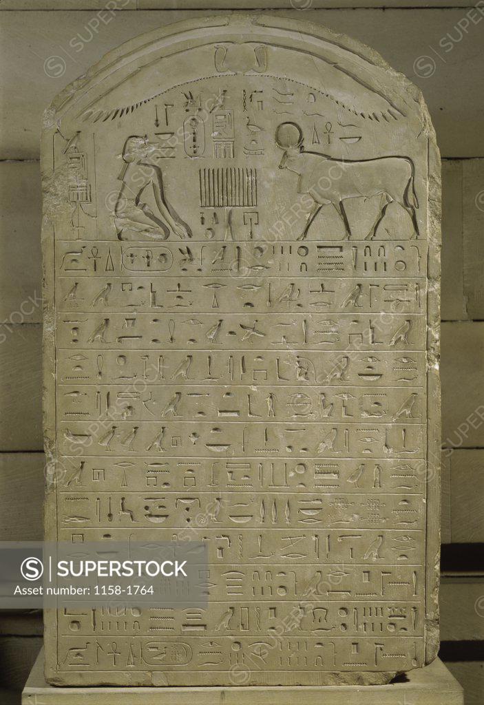 Stock Photo: 1158-1764 RELIEF OF APIS OF SERAPEUM EGYPTIAN ART d Musee du Louvre, Paris 