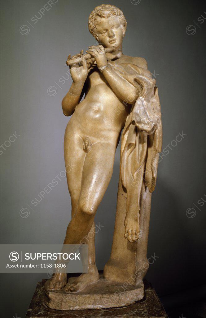 Stock Photo: 1158-1806 Young Satyr Playing the Flute, statue