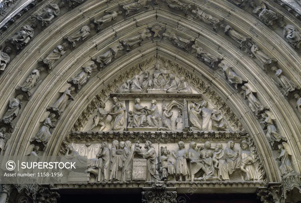 France, Paris, Notre Dame de Paris Cathedral, Detail of facade,