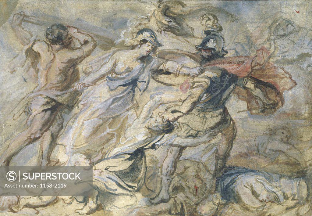 Stock Photo: 1158-2119 Battle of Mars and Minerva, study by Peter Paul Rubens, 17th Century, (1577-1640), France, Paris, Musee du Louvre