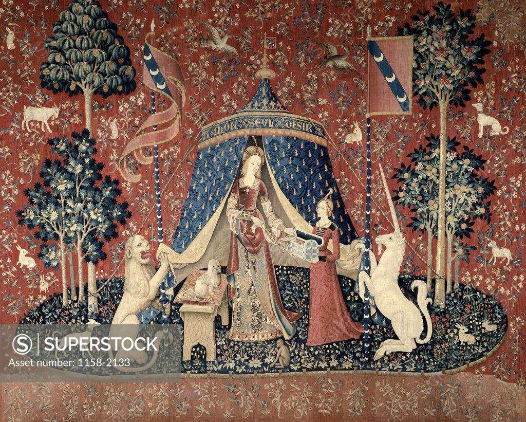 Stock Photo: 1158-2133 Lady and the Unicorn (La Dame Devant un Pavillon) 15th Century Tapestry (Flemish) Musee National du Moyen Age, Thermes & Hotel de Cluny, Paris, France