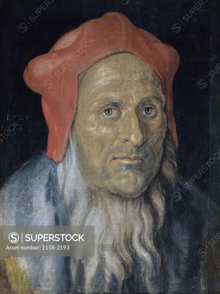 Stock Photo: 1158-2193 Portrait of a Bearded Man with a Red Hat  Albrecht Du'rer (1471-1528/German)  Musee du Louvre, Paris 