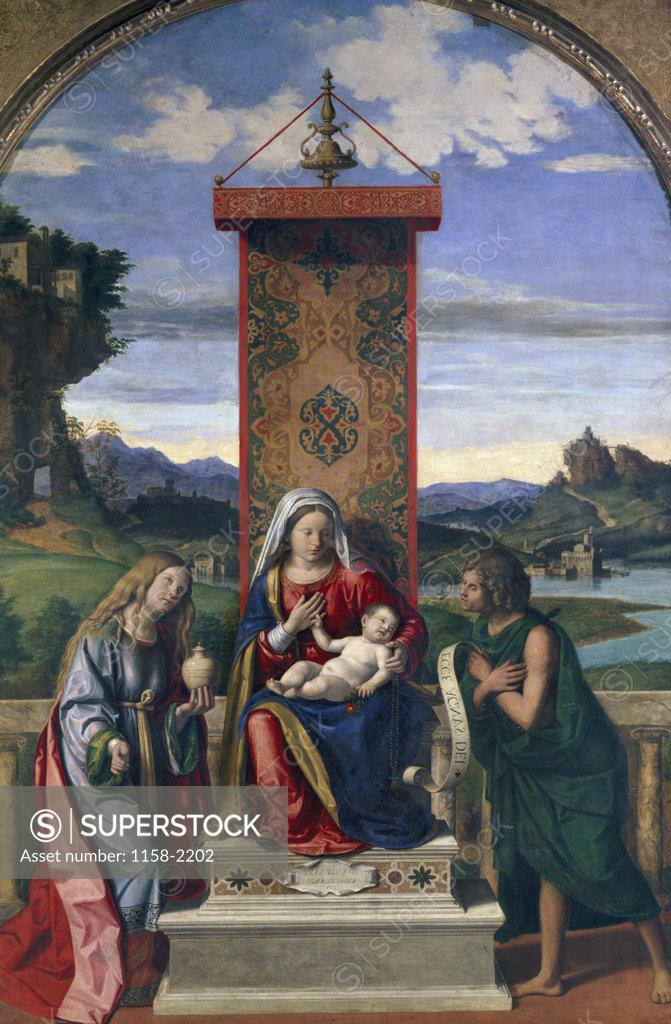 Stock Photo: 1158-2202 Virgin and Child with Saint John the Baptist and Mary Magdalene by Giovanni Battista Cima da Conegliano,  (Circa 1459-1517),  France,  Paris,  Musee du Louvre