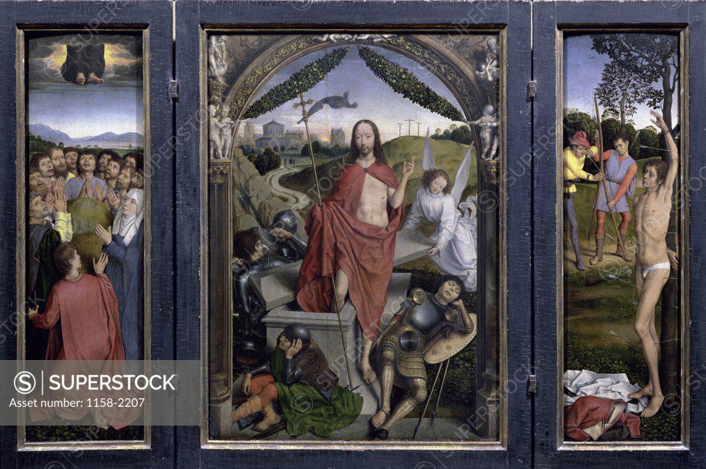 Stock Photo: 1158-2207 The Resurrection With the Martyrdom of St. Sebastian and the Ascension - (Center Panel) - Triptych  15th C.  Hans Memling (c. 1433-1494/Netherlandish)  Musee du Louvre, Paris 