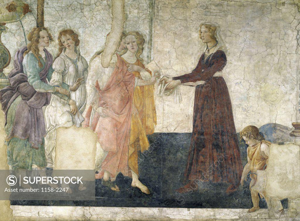 Stock Photo: 1158-2247 Young Woman Receives Gifts from Venus and the Three Graces by Sandro Botticelli, fresco, 15th Century, (1444-1510), France, Paris, Musee du Louvre