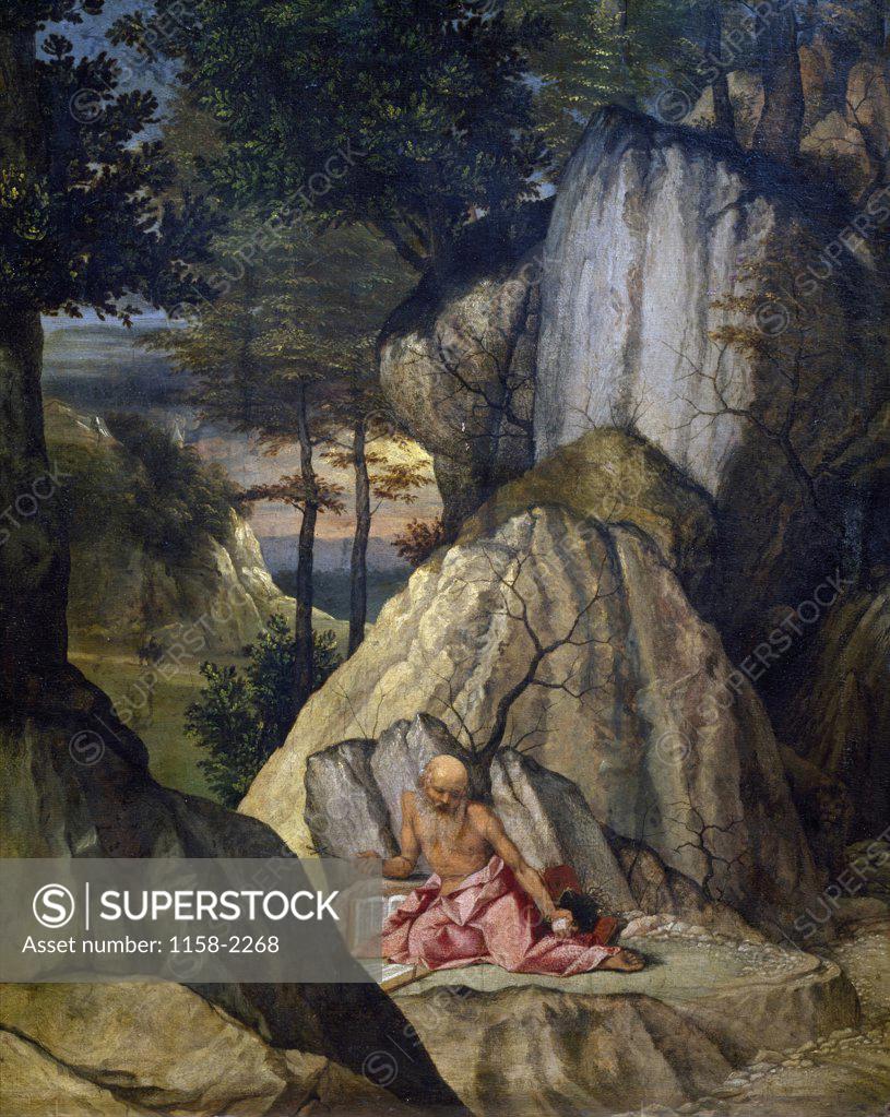 Stock Photo: 1158-2268 Saint Jerome in the Desert by Lorenzo Lotto,  1506,  (Circa 1480-1556),  France,  Paris,  Musee du Louvre
