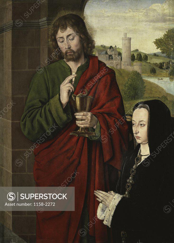 Stock Photo: 1158-2272 ANNE OF FRANCE, DUCHESS OF BOURBON, PRESENTED BY ST. JOHN THE EVANGELIST Hey, Jean (MASTER OF MOULINS) ca.1480 d1500 Netherlandish Musee du Louvre, Paris 