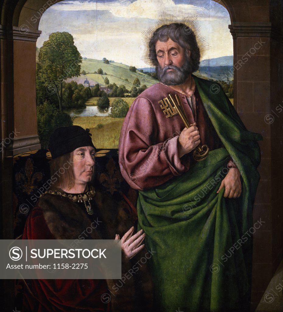 Stock Photo: 1158-2275 Portrait of Pierre II,  Duke of Bourbon with Saint Peter by Jean Hey,  Circa 1492-1493,  France,  Paris,  Musee du Louvre