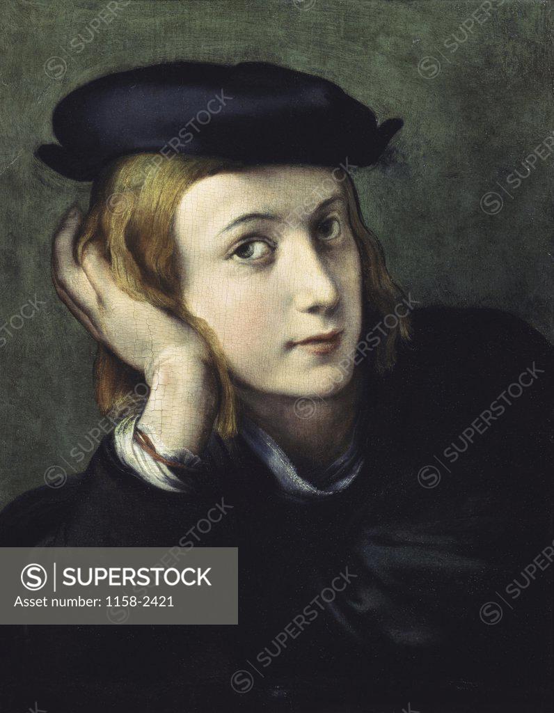 Stock Photo: 1158-2421 Portrait of a Young Man Correggio (1489/94-1534 Italian) Oil on wood Musee du Louvre, Paris 