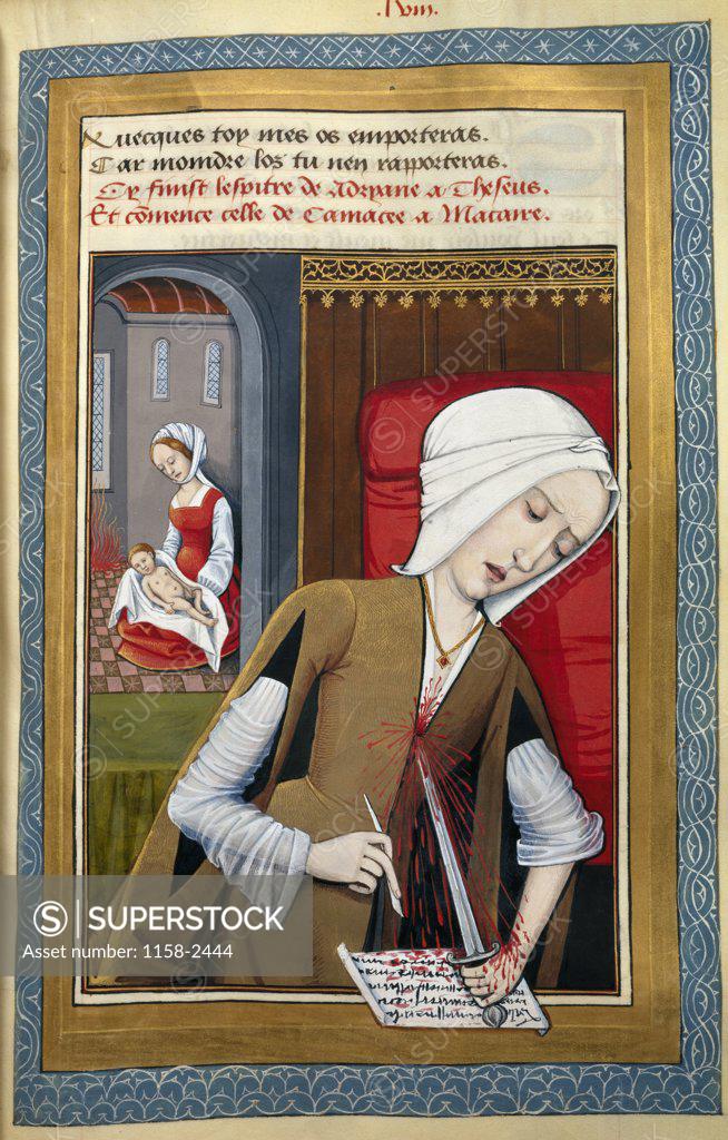 Stock Photo: 1158-2444 Woman Stabbing Herself & Writing with Her Blood, manuscript, France, Paris, Bibliotheque Nationale
